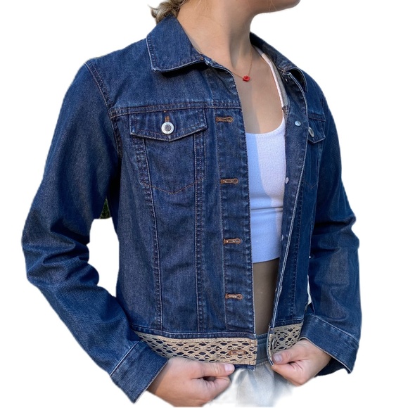Ann Taylor denim jacket crochet embroidered hem petite small - Picture 4 of 16